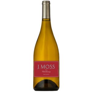Bottle of J. Moss Chardonnay wine with a red label, Napa Valley, 2024.