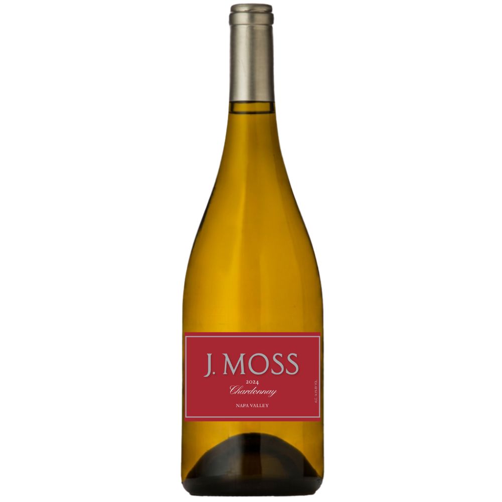 Bottle of J. Moss Chardonnay wine with a red label, Napa Valley, 2024.