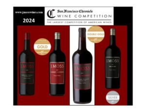 Promotional banner for the 2024 San Francisco Chronicle Wine Competition showing four J. MOSS wine bottles on a red panel with gold medal seals (one Double Gold, one Silver) and competition branding.
