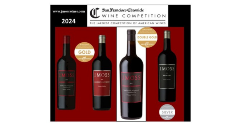 Four J. Moss wine bottles on a red backdrop with gold medal stickers, promoting the 2024 San Francisco Chronicle Wine Competition banner.