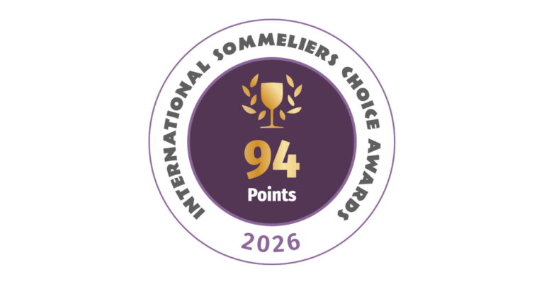 Award badge for International Sommelier’s Choice Awards 2026: 94 points, gold trophy with laurel on a purple circle.