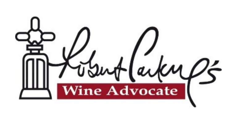 Robert Parker's Wine Advocate logo featuring a stylized corkscrew symbol on the left and the brand name in script with a red 'Wine Advocate' banner.